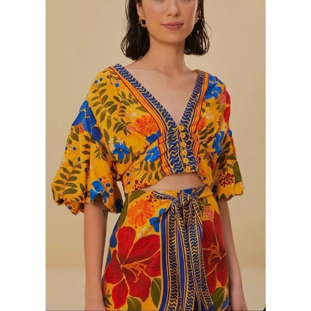 NWT Farm Rio Yellow Floral Yard Lenzing Ecovero Euroflax Crop Top Women's XXS